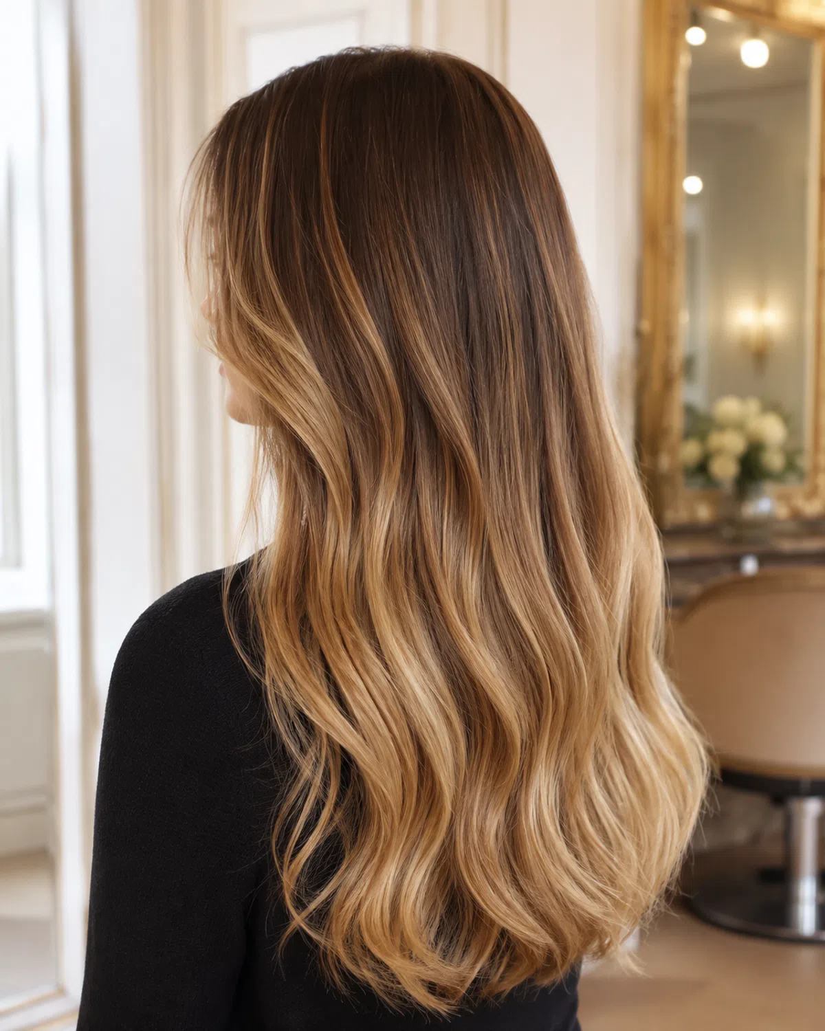 Warm Honey Balayage mit weichen Wellen in einer privaten Salon-Atmosphäre